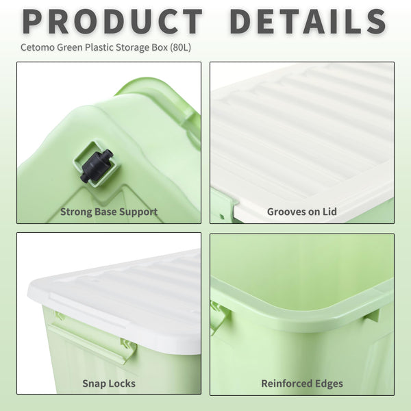Cetomo 80L*3 Storage Boxes with Wheels, Plastic Storage Box with Lid, Latching Buckles, Click Closure, Stackable, Nesting, Durable Organizer for Home