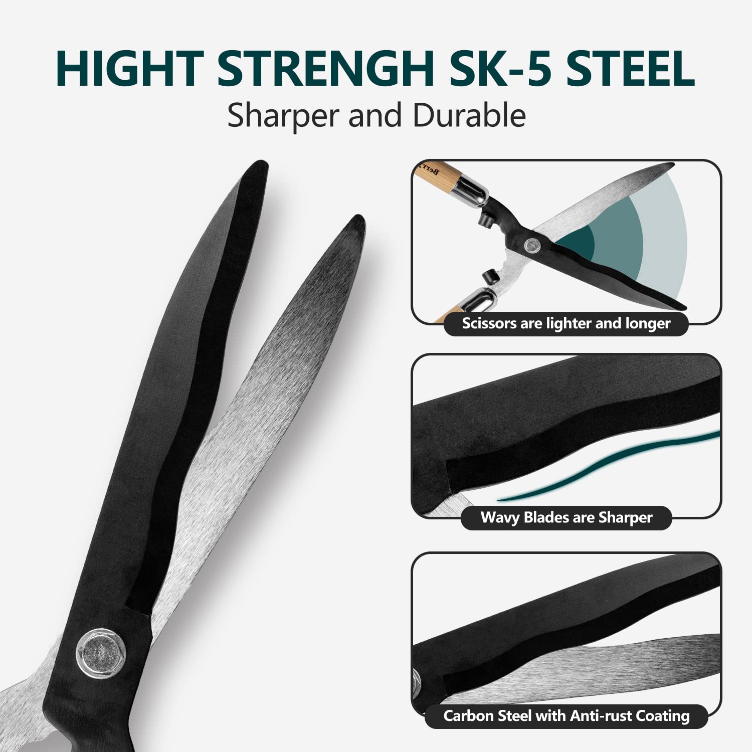 Berry&Bird Garden Hedge Shears, 50.5cm/19.88in Heavy Duty Pruning Shear for Trimming Borders and Bushes, Manual Hedge Clippers with Wooden Handle and