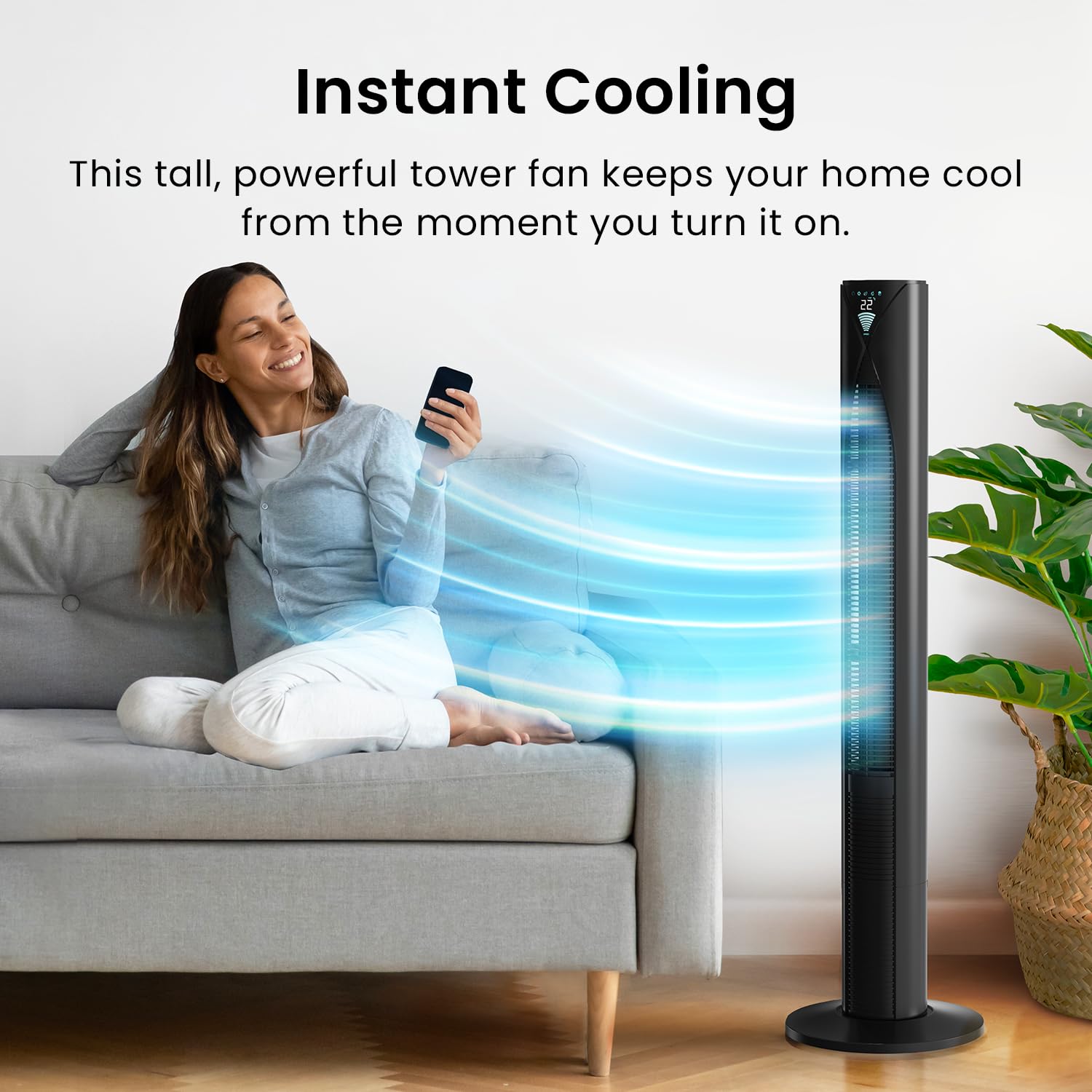 Pro Breeze Bladeless Tower Fan Quiet & Portable with Remote Control, 90° Oscillation, 15h Timer, 4 Modes, 3 Speeds - Powerful Electric 45W Motor Standing Air Circulator for Bedroom & Office