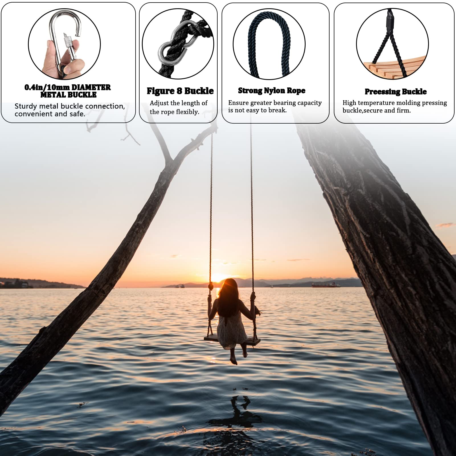 Favuit Wooden Swing Seat, Garden Tree Swing Hanging Seat Wood Swing with Adjustable Rope Outdoor Wood Swing Chair Durable Playground Equipment for