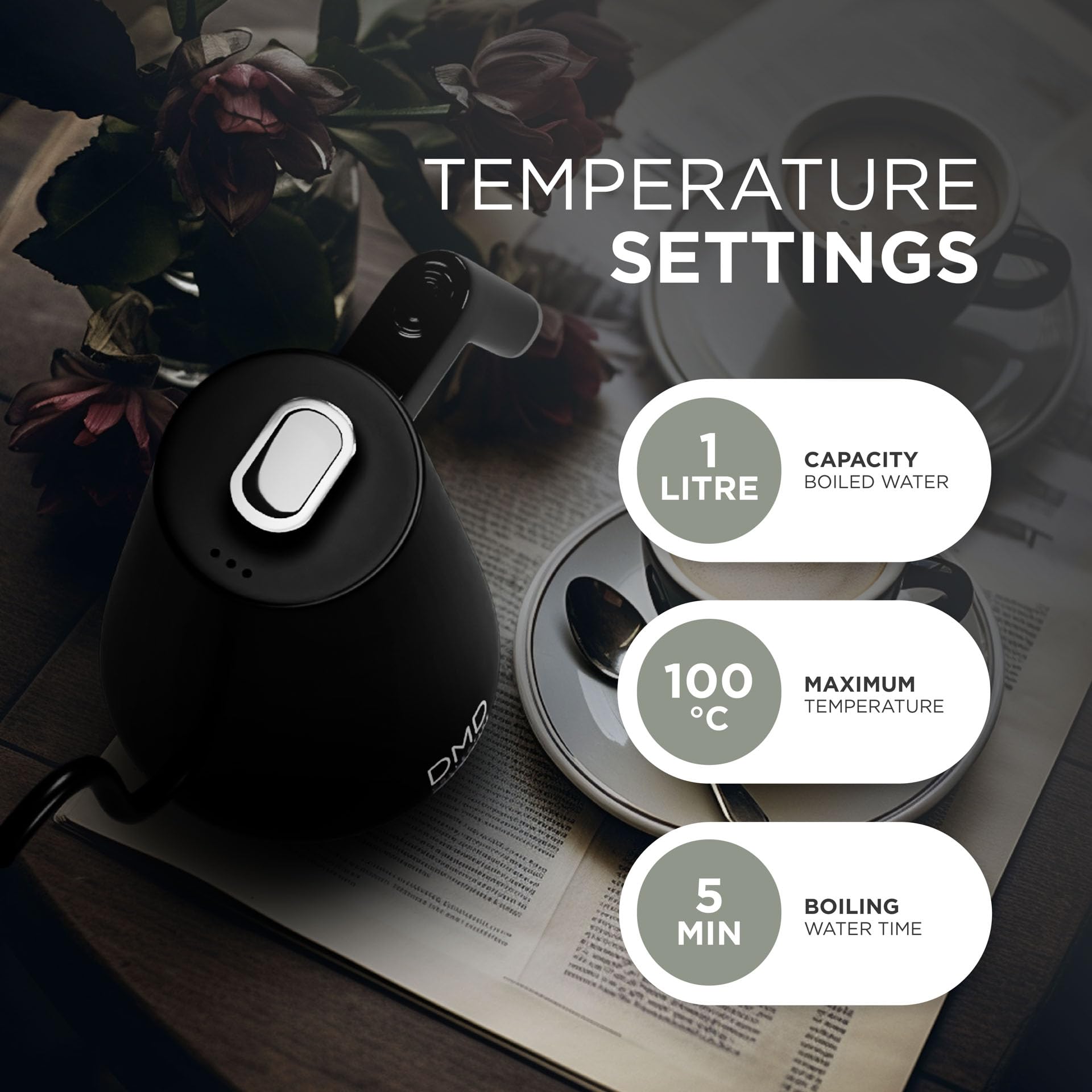 DMD? | Electric Gooseneck Kettle Digital Display | Pour-Over Kettle, 8mm Spout | Coffee and Tea Kettle 1L Energy-Efficient | 40-100?C Temp Control