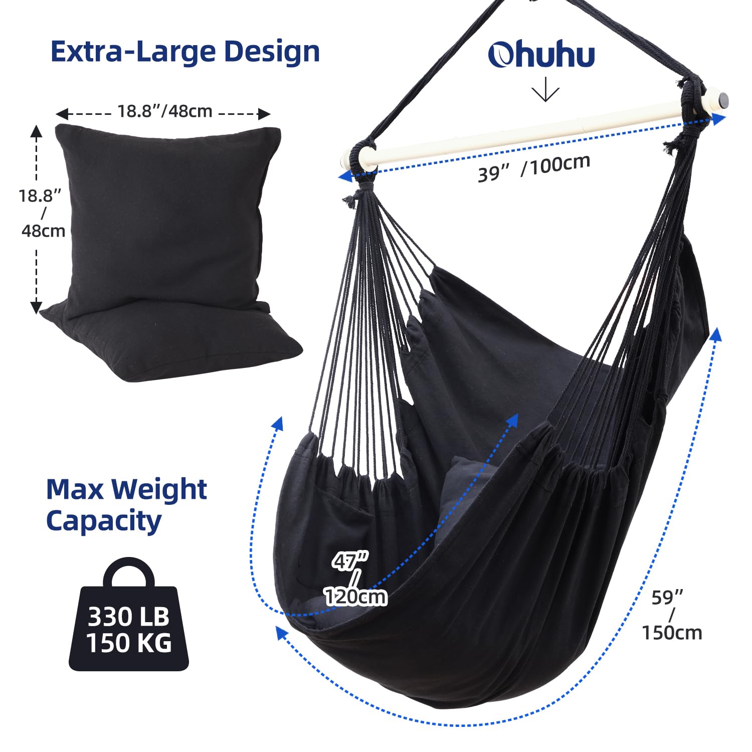 Ohuhu Hanging Chair Swing Chair with Hanging Kit, Extra Comfortable XL Portable Hammock Chair with 2 Cushions Metal Support Bar Side Pocket for Indoor