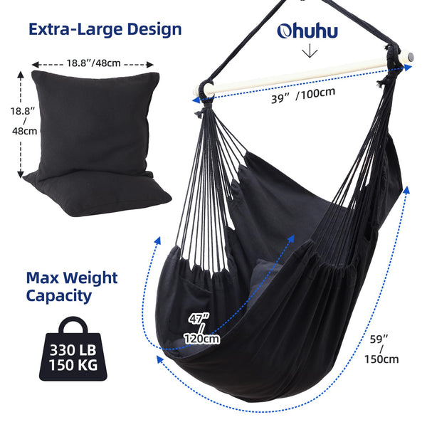 Ohuhu Hanging Chair Swing Chair with Hanging Kit, Extra Comfortable XL Portable Hammock Chair with 2 Cushions Metal Support Bar Side Pocket for Indoor