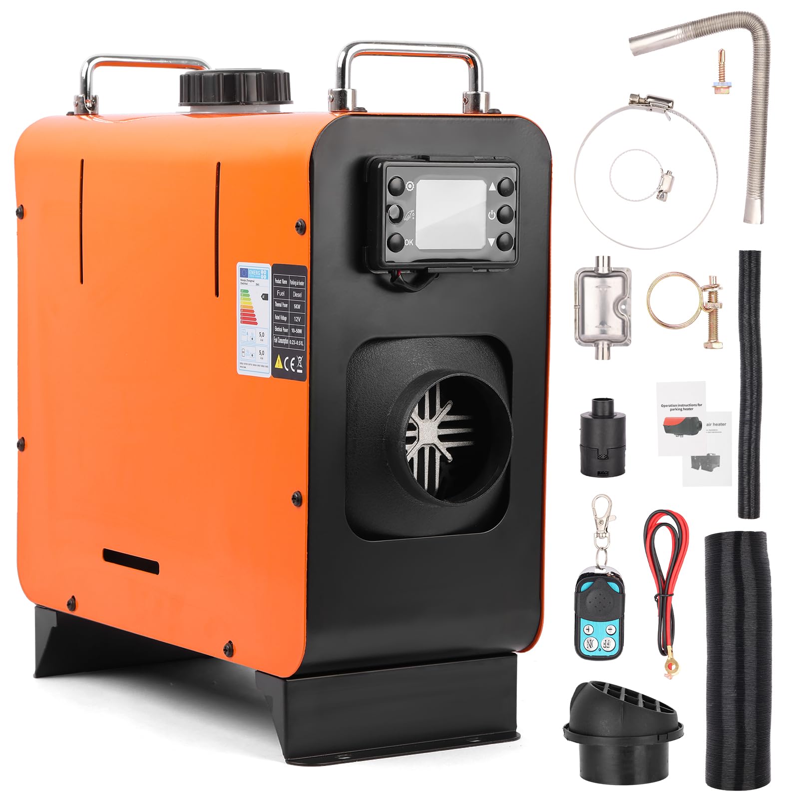 5KW Diesel Heater - 12V All in One with LCD Display and Remote Control, Intelligent Constant Temperature Heater for Truck, RV, Trailer, Camper, Van, Boat and Indoors (orange)