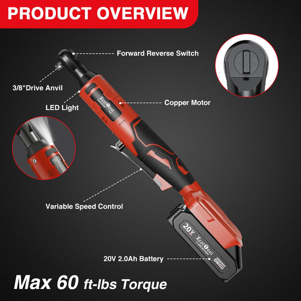 Funnyway 20V Cordless Ratchet Wrench, 3/8”Cordless Ratchet, Max Torque 80N.m, 320RPM Power Battery Ratchet with Variable Speed, Including 2 x 2.0Ah Batteries, LED Light, 6 Sockets (Red)