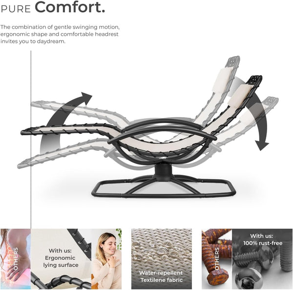 TecTake® Sun Lounger with Rocking Function, Ergonomic Garden Chair with Breathable Fabric, Thick Head Cushion, Curved Armrests & Sturdy Steel Frame, Outdoor Chair for Garden, Patio, Balcony - Grey