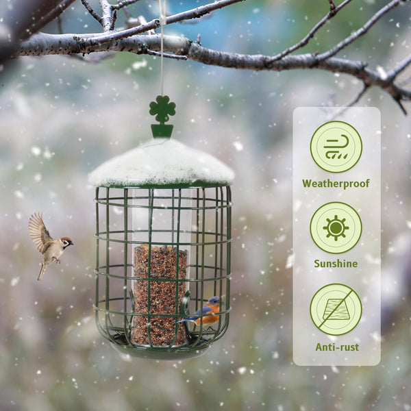 MIXXIDEA Metal Bird Feeders for Outdoors Hanging, Caged Tube Bird Feeder for Small Backyard Birds, Squirrel Proof Wild Bird Seed Feeders, Attracting Birds in Your Lawn, Garden,Green