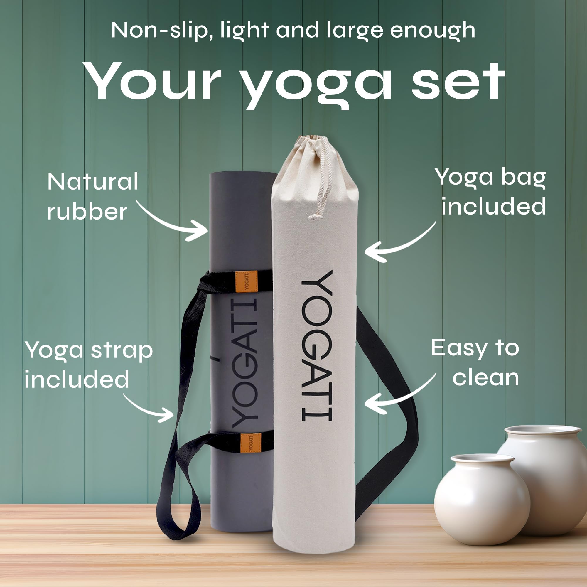 YOGATI Natural Rubber Yoga Mat with Yoga Bag and Carry Strap. Non-Slip Yoga Mat for women and men with Alignment lines. Perfect Exercise Mat for home.