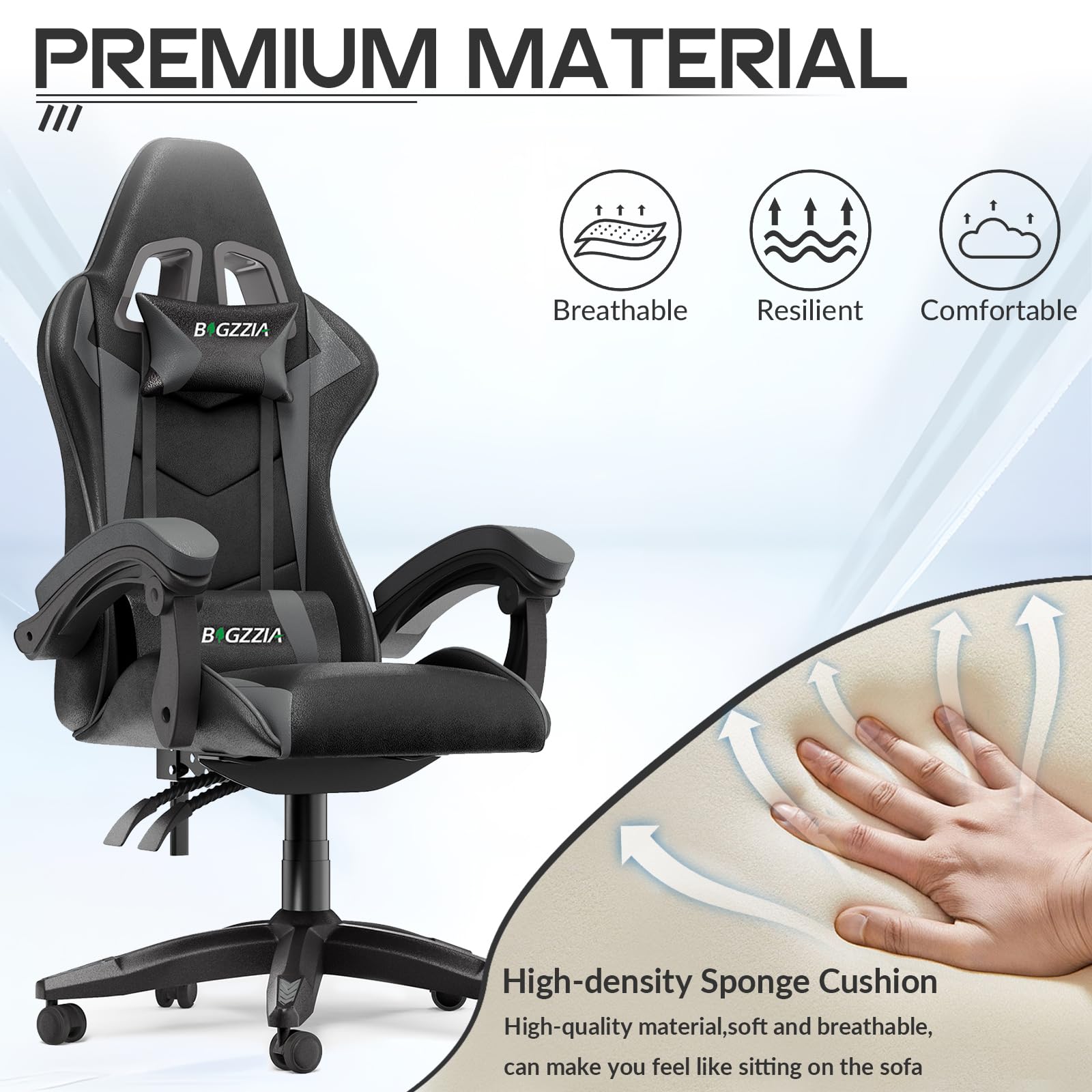 Gaming Chair, Ergonomic Gaming Chair with Heated Seat, Height Adjustable Reclining Video Game Chair with Headrest and Lumbar Support, Big and Tall Gaming Chair for Adults (Basics, Black/Grey)