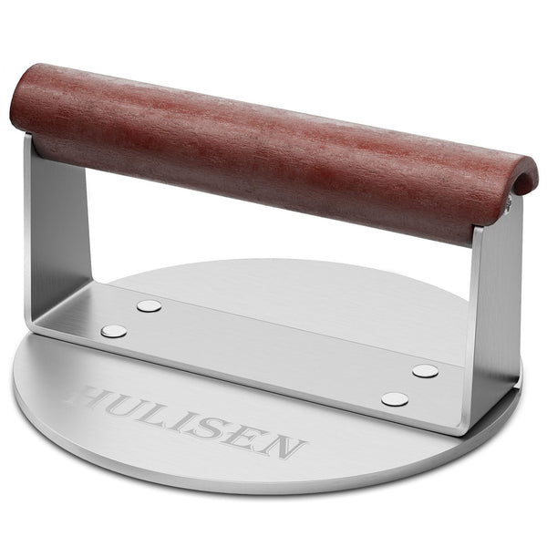 HULISEN 8.5-Inch Burger Press, 2.5 lbs Heavy Duty Bacon & Grill Press, Stainless Steel Smashed Burger Press, Round Smasher with Wood Handle, BBQ Griddle Accessories for Hamburger, Steak, Meat…
