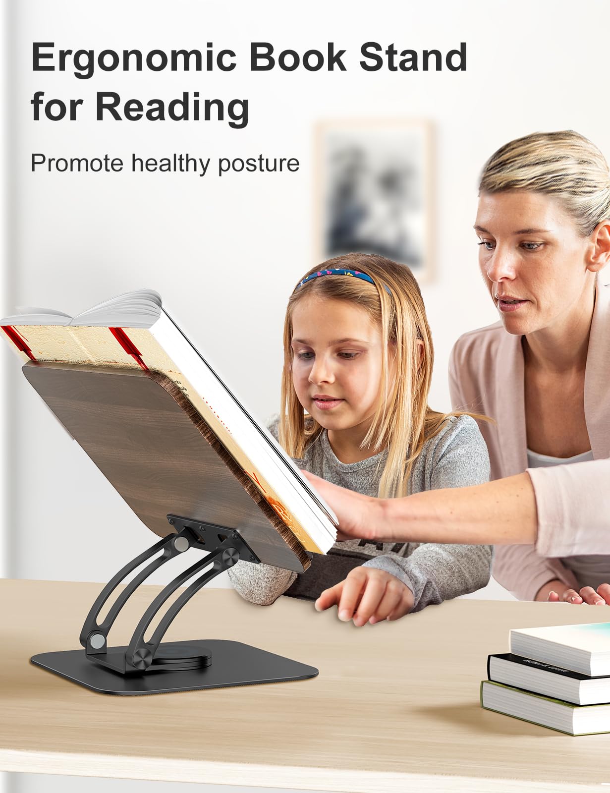 Tounee Book Stand for Reading, Adjustable Book Holder with 360 Swivel Base, Foldable Cookbook Stand Recipe Book Holder with Elastic Page Clips for