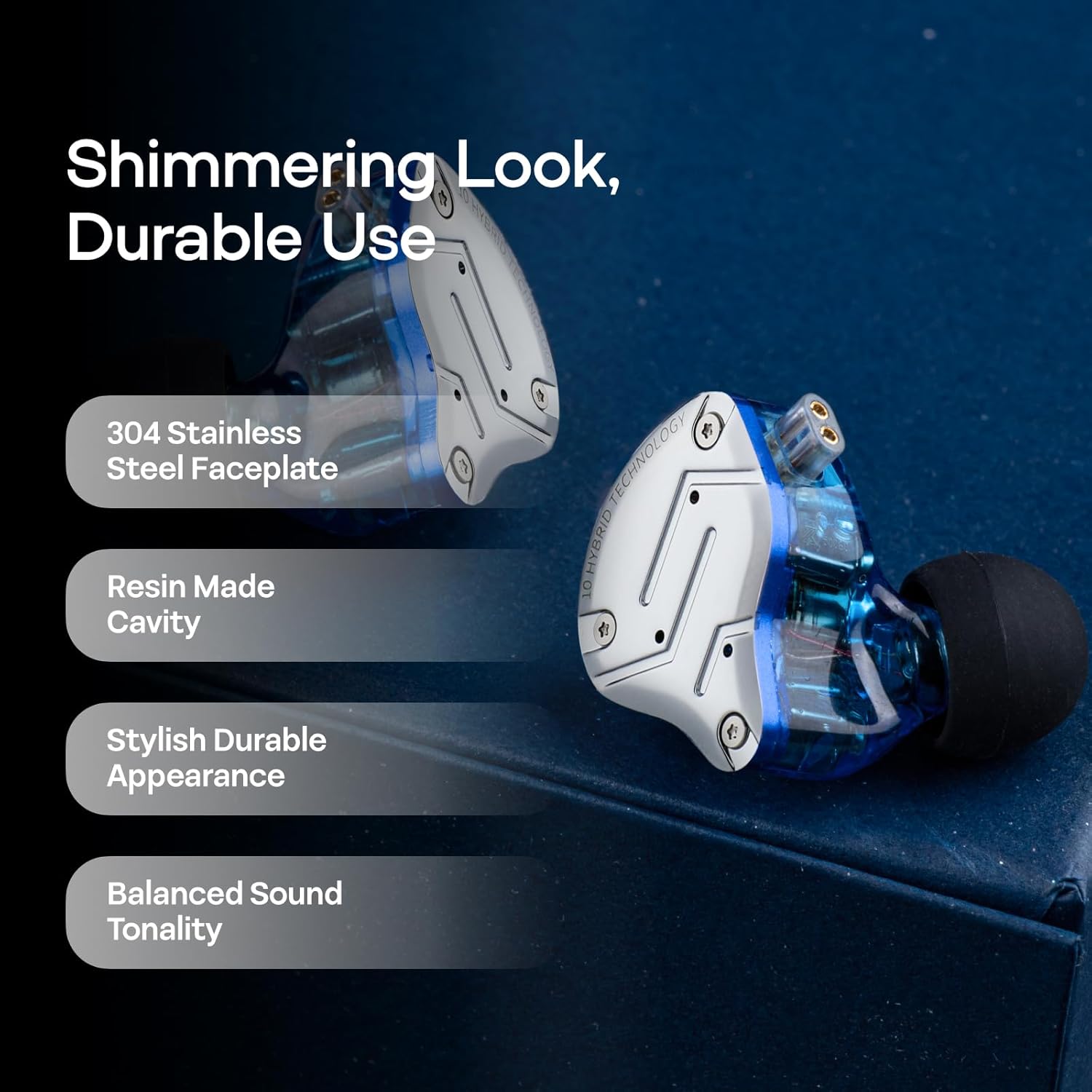 Linsoul KZ ZS10 Pro, 4BA+1DD 5 Driver in Ear Monitor, HiFi Wired Earbuds, Gaming Earbuds, Hybrid IEM Earphones with Stainless Steel Faceplate, Recessed 2 Pin Detachable Cable(With Mic, Glare Blue)