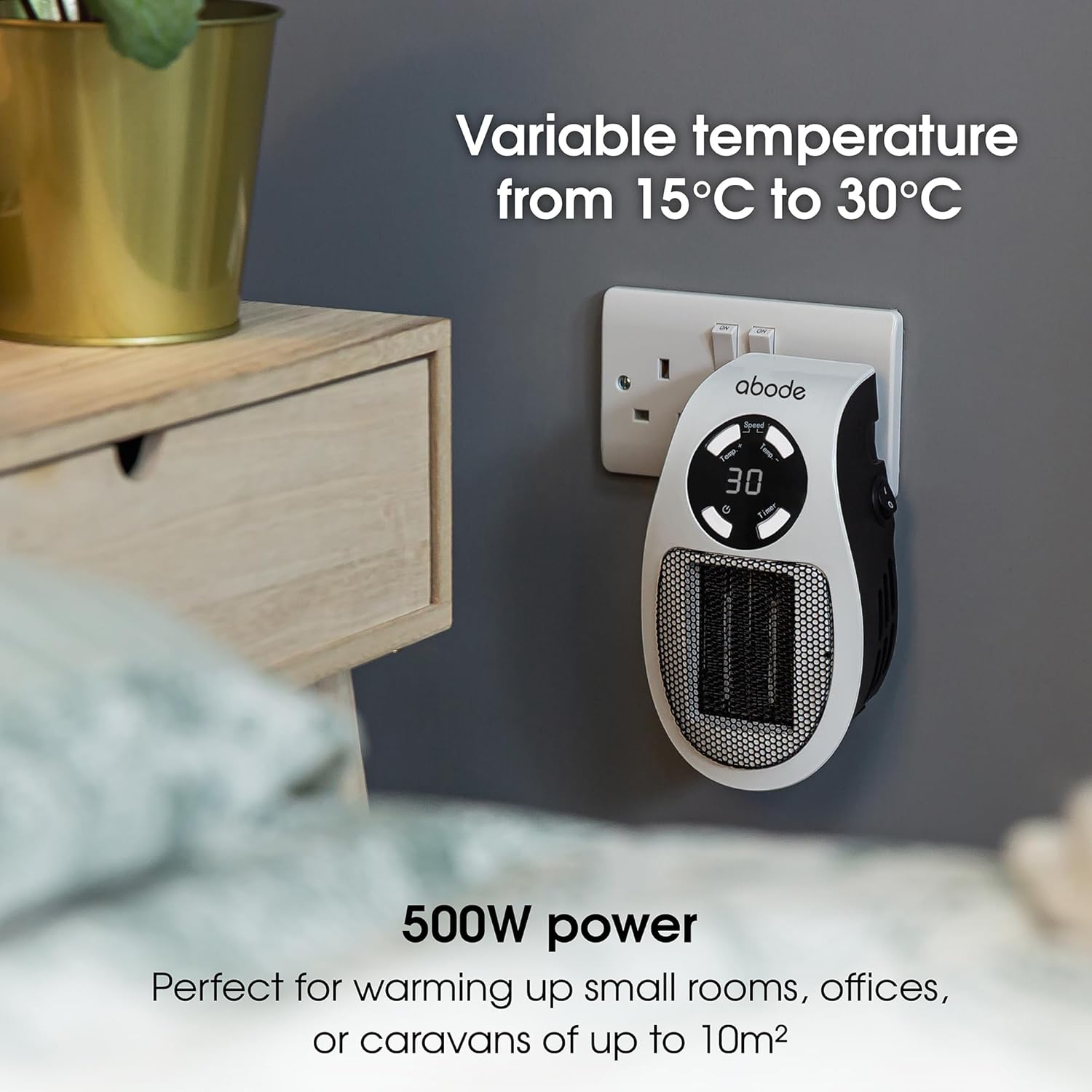Abode 500W Compact Portable White Ceramic Plug in Heater with 2 Heat Settings & Overheat Protection, Electric Heater, LED Display, 12hr Auto Timer, 10m2 Room Size APH1001