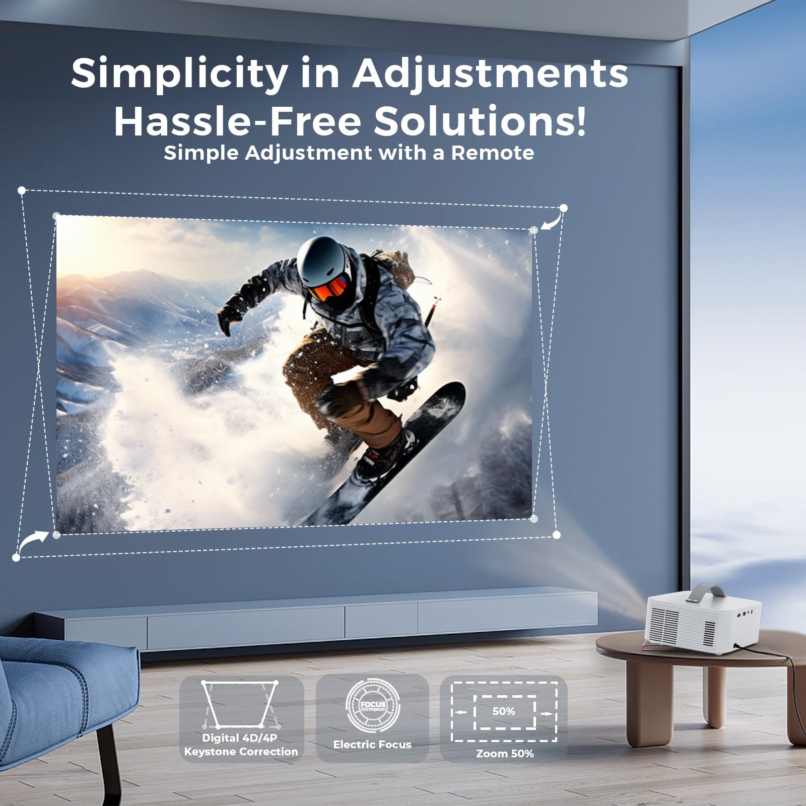 Projector-4K [Built-in mainstream apps/AI Movin 1.0 System/Fits DoIby Audio/E-Focus] 30000 Lumen Native 1080P Outdoor-Projector with WiFi 6 and Bluetooth, Lisowod Smart Portable Proyector with HDR10+