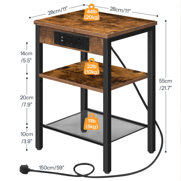 HOOBRO Side Table with Charging Station, Bedside Table with Charging Station, 2 Sockets and 2 USB Ports, Narrow Side Table, 3-Tier Bedside Table,