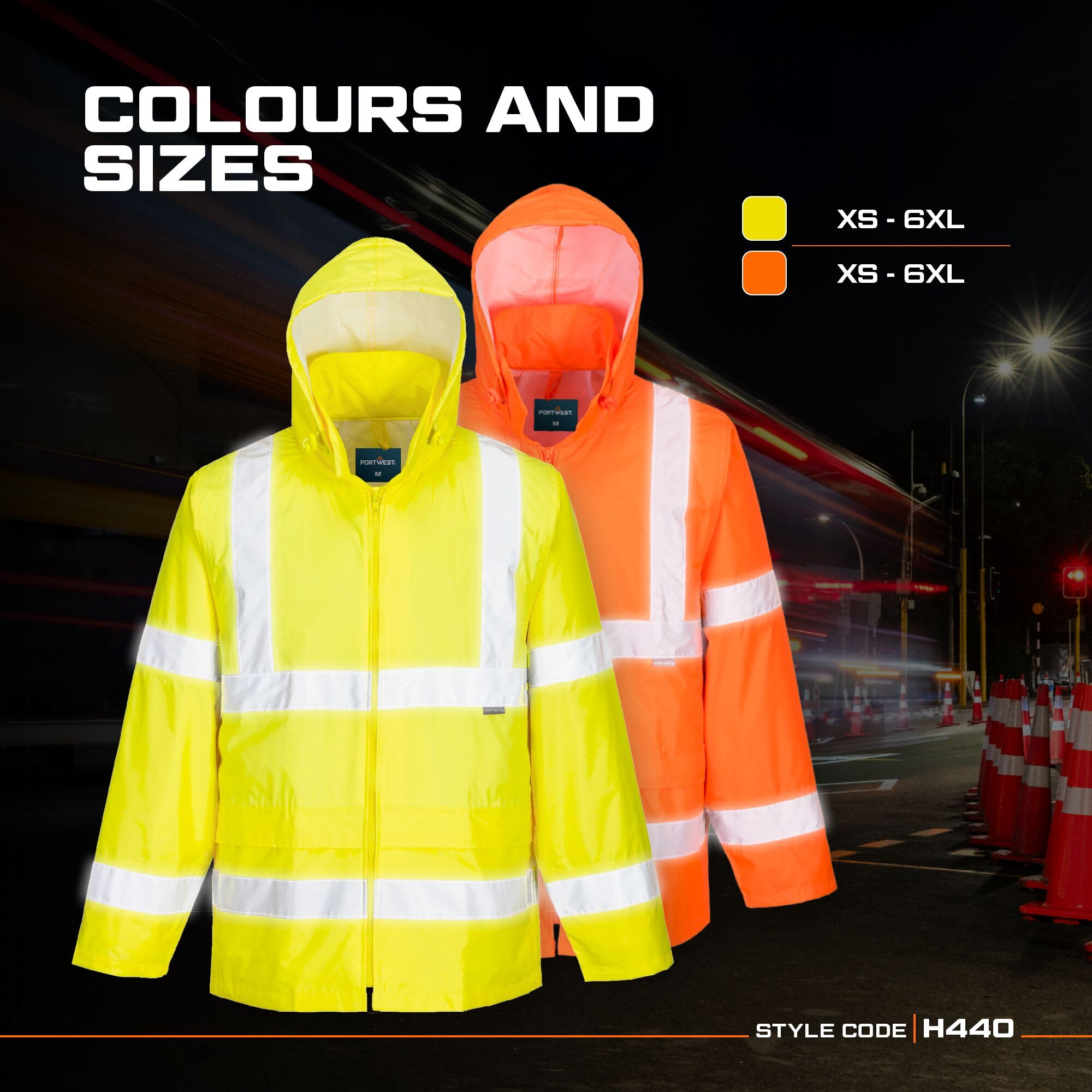 Portwest H440 Men's Waterproof Hi Vis Rain Jacket - Reflective Lightweight Safety Workwear with Pockets and Hood Orange, 4X-Large