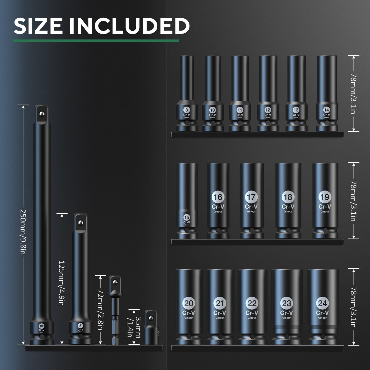 Ginour 20PCs Impact Socket Set 1/2 Inch, CR-V Drive Master Deep Impact Socket Set 8mm - 24mm, Metric, 6 Point, with 3pcs Drive Impact Extension Bar Set 3", 5",10"