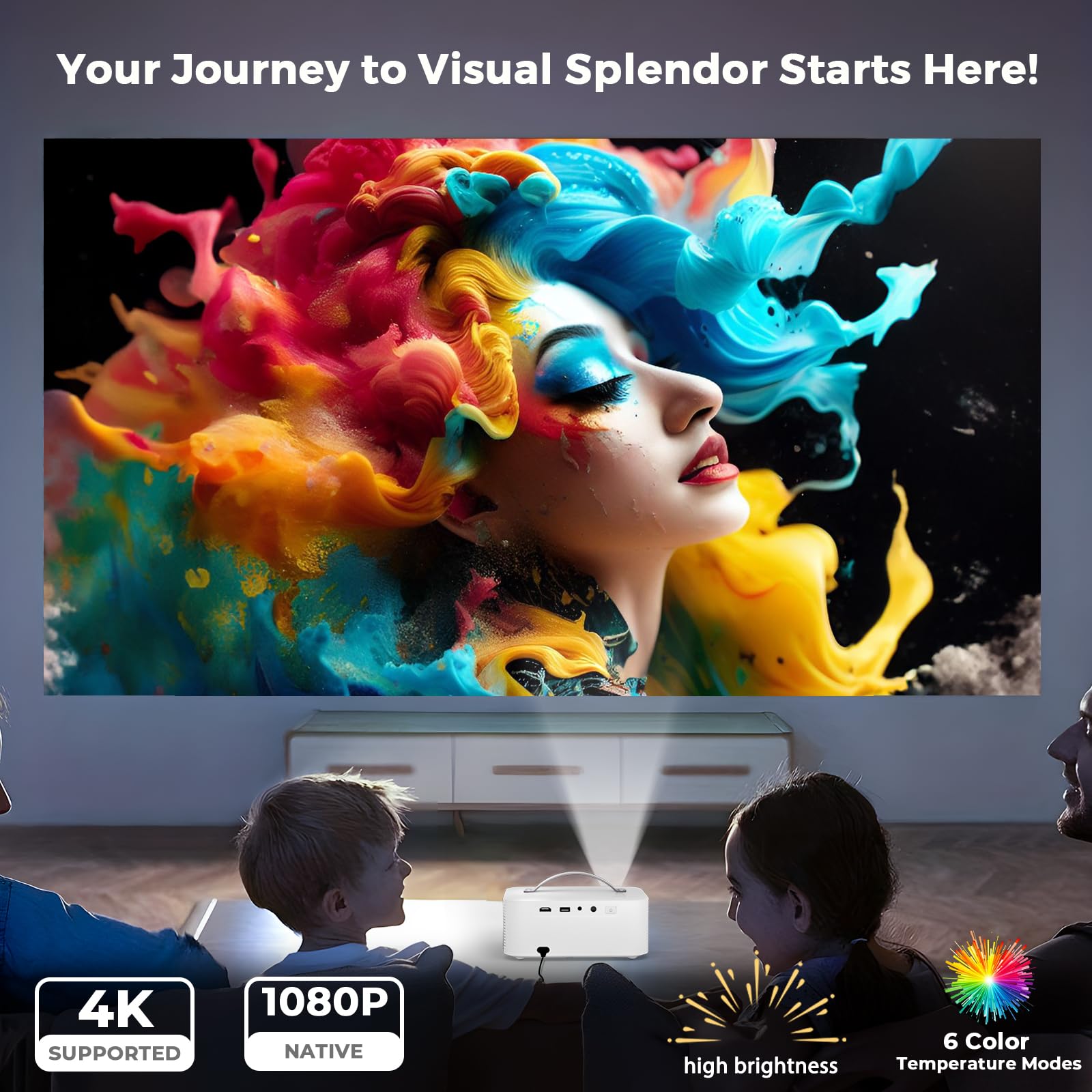 Projector-4K [Built-in mainstream apps/AI Movin 1.0 System/Fits DoIby Audio/E-Focus] 30000 Lumen Native 1080P Outdoor-Projector with WiFi 6 and Bluetooth, Lisowod Smart Portable Proyector with HDR10+