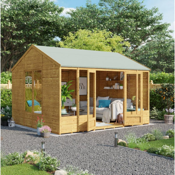 BillyOh Petra 12x10 Reverse Apex Summer House Shed, Log Cabin | Wooden Garden Room with Wide Double Doors, Tear Resistant Felt, Tongue and Groove Construction | Versatile Tiny Home or Garden Office