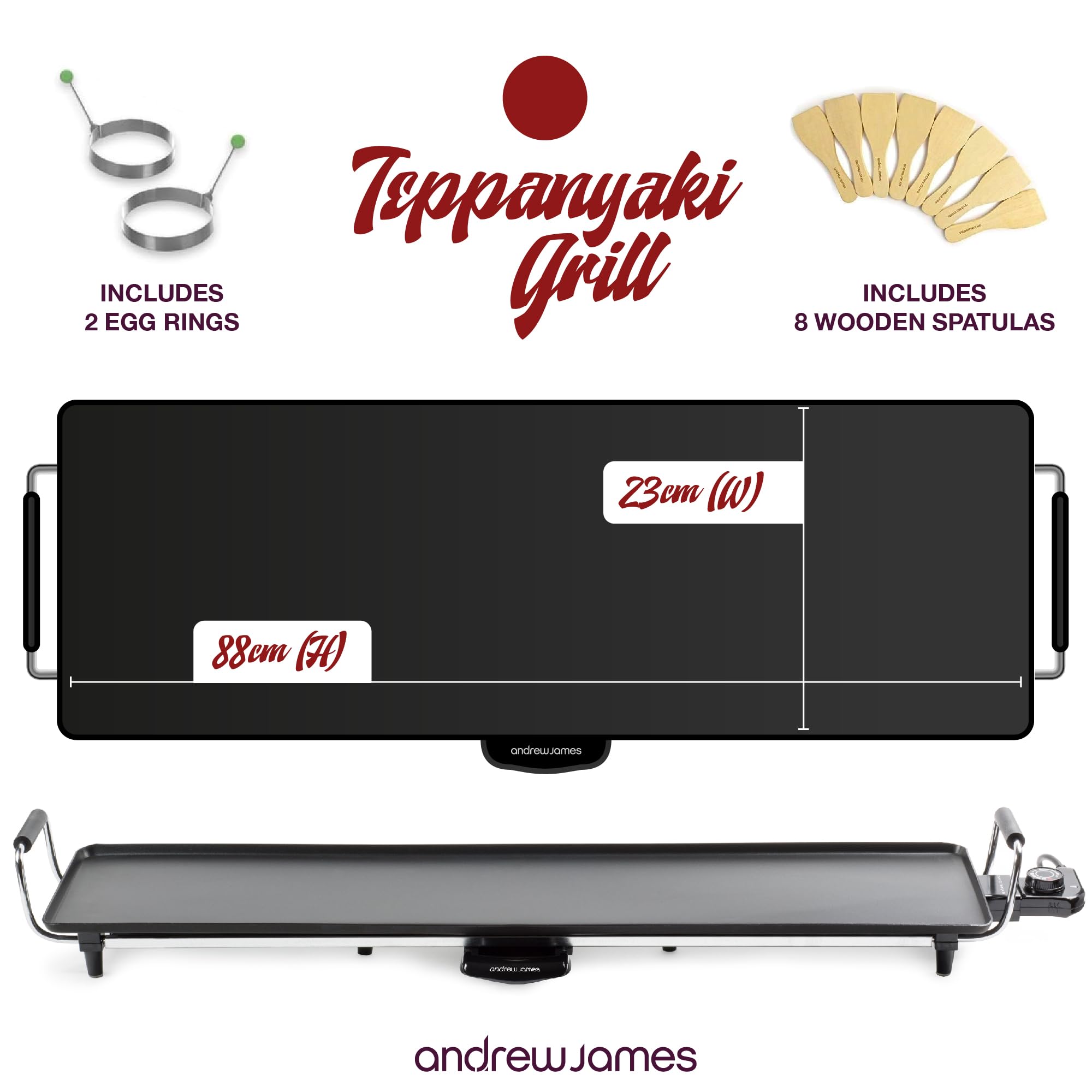Andrew James Teppanyaki Electric Grill Plate & 2 Egg Rings | XXL Non-Stick Tabletop Griddle with 88cm x 23cm Hot Plate & Adjustable Temperature |