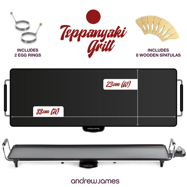 Andrew James Teppanyaki Electric Grill Plate & 2 Egg Rings | XXL Non-Stick Tabletop Griddle with 88cm x 23cm Hot Plate & Adjustable Temperature |