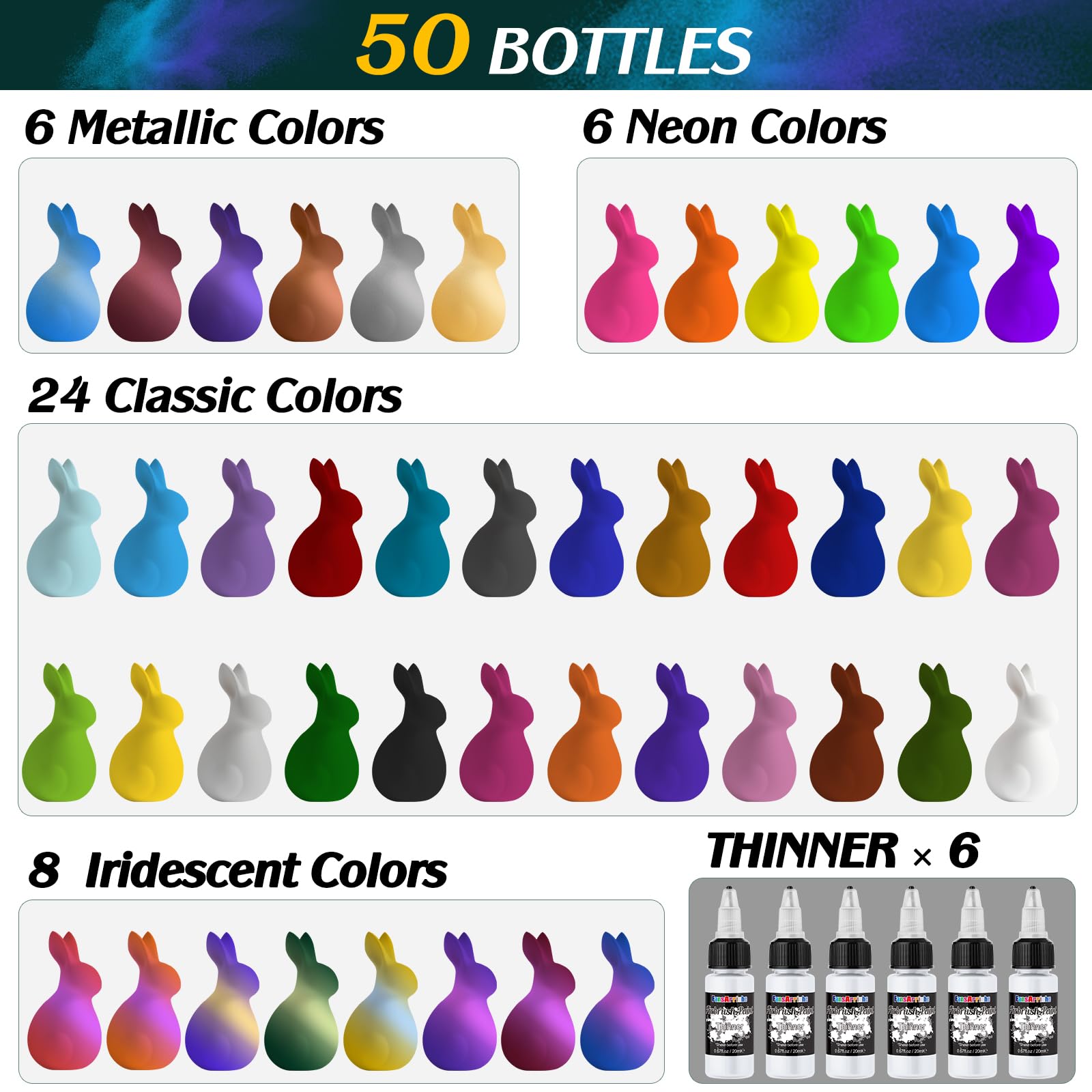 FansArriche Airbrush Paint, 44 Colours + 6 Thinners, Airbrush Water-Based Paint, Opaque & Neon Colours, Airbrush Paint Set for Beginners, Artists, DIY