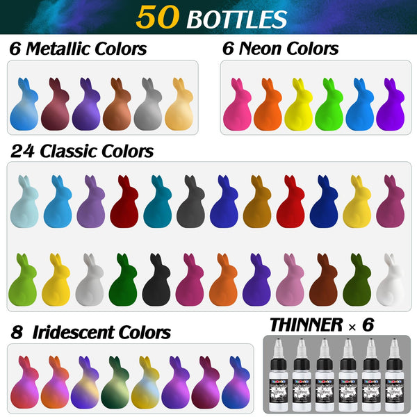 FansArriche Airbrush Paint, 44 Colours + 6 Thinners, Airbrush Water-Based Paint, Opaque & Neon Colours, Airbrush Paint Set for Beginners, Artists, DIY