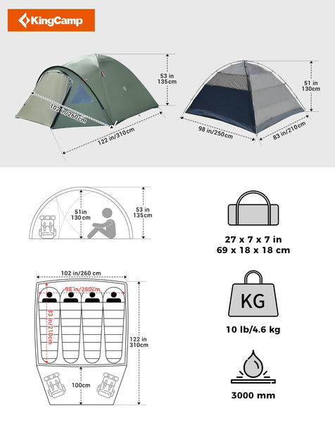 KingCamp Camping Tent for 4 Man, Ultralight Waterproof Dome Tent, Compact and Backpack-Friendly, Ideal Tent for Camping, Trekking and Outdoors