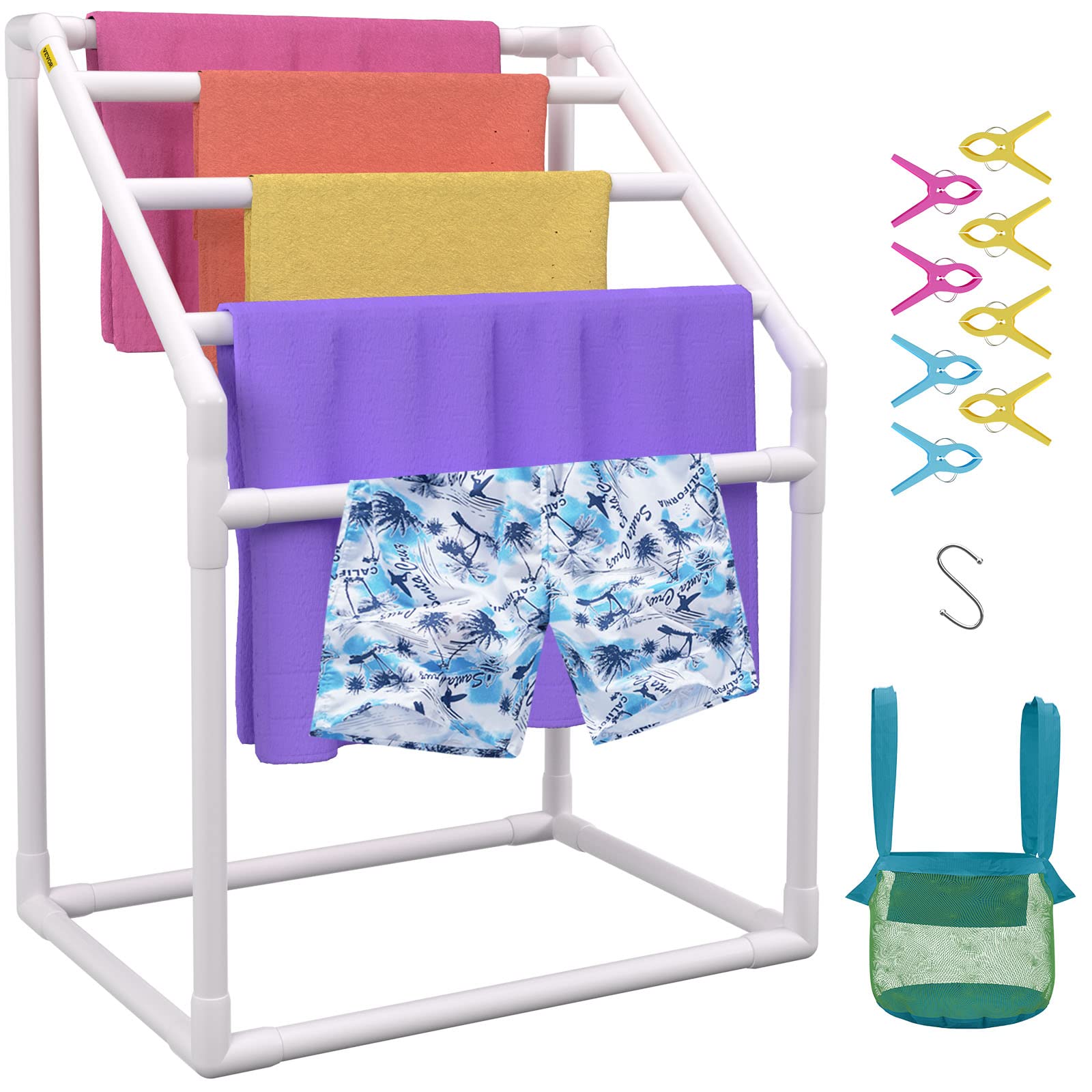 VEVOR Pool Towel Rack, 5 Bar, White, Freestanding Outdoor PVC Trapedozal Poolside Storage Organizer, Include 8 Towel Clips, Mesh Bag, Hook, Also