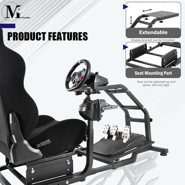 Minneer Racing Simulator Cockpit with Gaming Seat(Black) Stand-Up Fit for Logitech Fanatec Thrustmaster G29, G27, G25, G923 Adjustable Gaming Steering Wheel Stand Without Wheel and Pedals