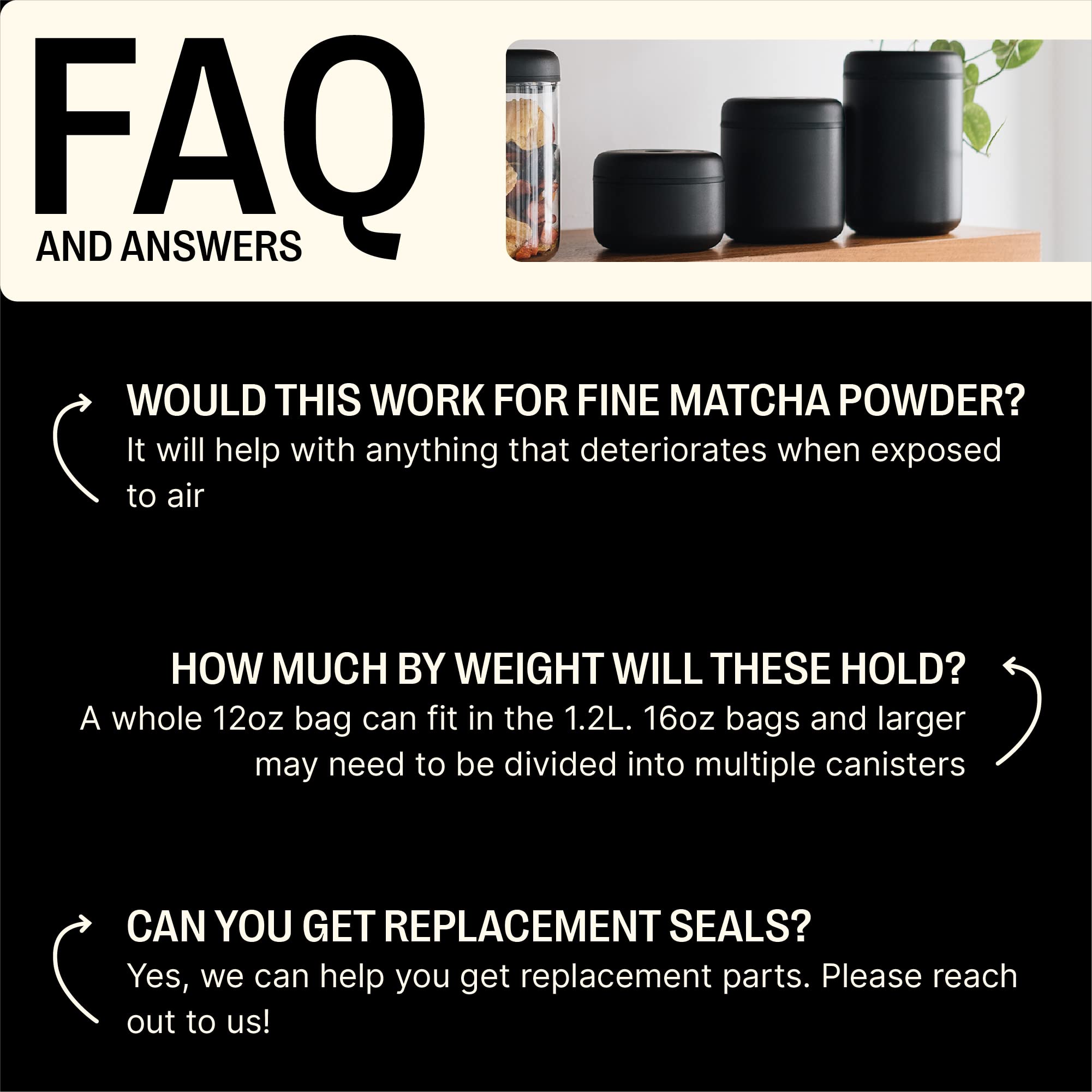 Fellow Atmos Vacuum Canister for Coffee & Food Storage - Airtight Sealed Container, Matte Black, Small Coffee Bean Storage, 0.4 Litre Jar