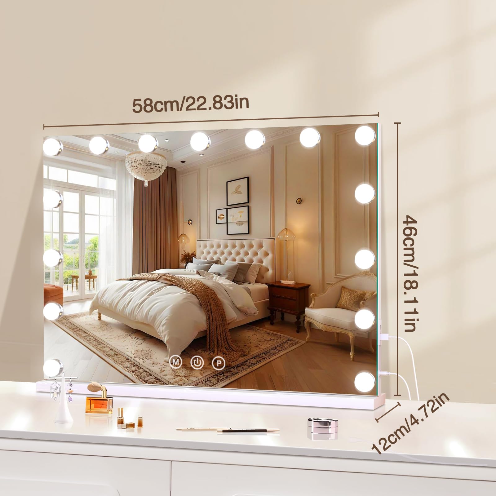halumao Hollywood Vanity Mirror with Lights, 58 x 46 cm Makeup Mirror with Lights, USB and Type-C Output Ports, 3 Color Modes, Smart Touch Control,