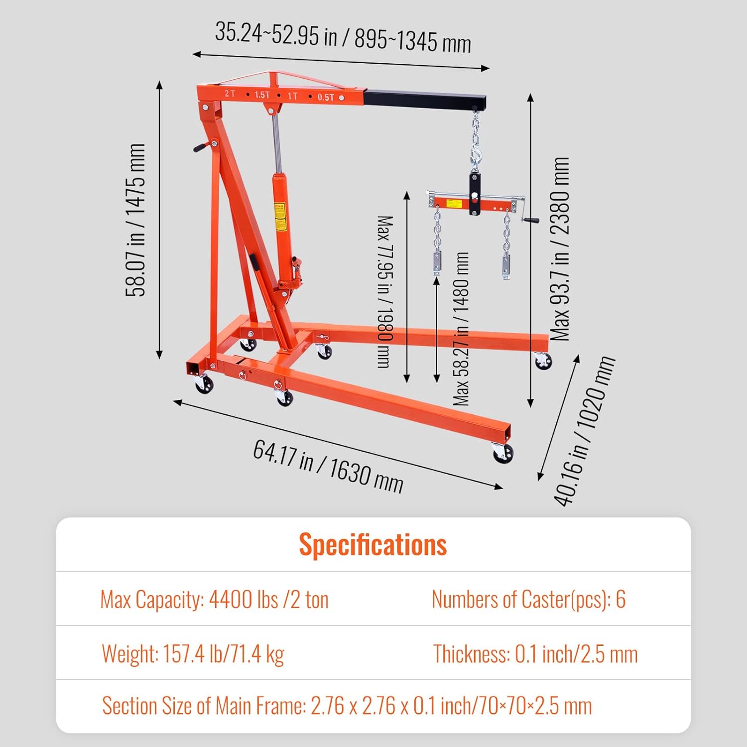 VEVOR Hydraulic Engine Hoist with Lever, 2 Ton/4400 LBS Heavy-duty Cherry Picker Shop Crane, Foldable Engine Crane and Engine Hoist leveler for Auto Repair, Motors, Weights Lifting, Loading