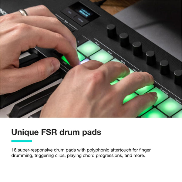 Novation Launchkey Mini 25 [MK4] — Portable 25 Mini-Key, USB, MIDI Keyboard Controller with DAW Integration. Chord Mode, Scale Mode, Drum Pads, and Arpeggiator. Includes Music Creation Software Bundle