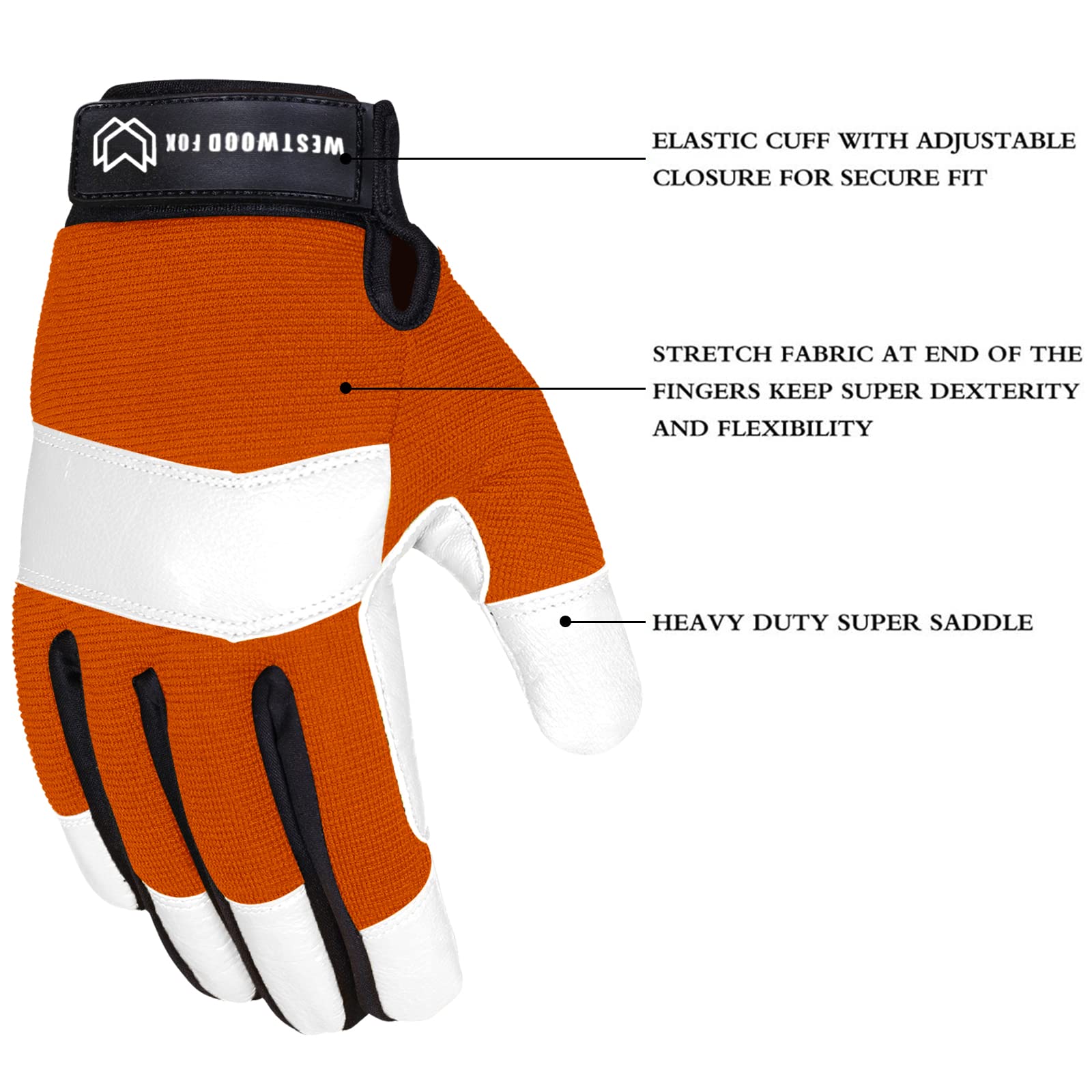 WESTWOOD FOX Gardening Working Gloves Garden Thorn Proof Flexible Heavy Duty Leather Mechanic Utility Dexterity Breathable Construction Gloves for Work Mens Women (Metallic Orange, L)