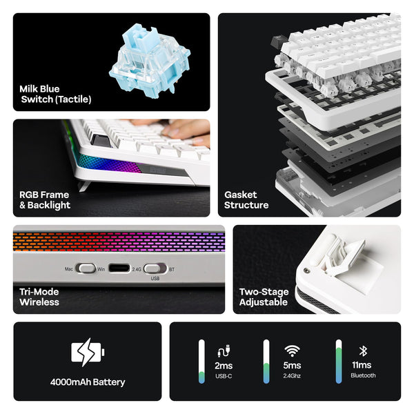 EPOMAKER TH85 QMK/VIA Mechanical Gaming Keyboard, BT/2.4Ghz Wireless, RGB, Hot-Swappable & Programmable Keys in US 75% Layout (Black&White, Creamy Jade Switch)