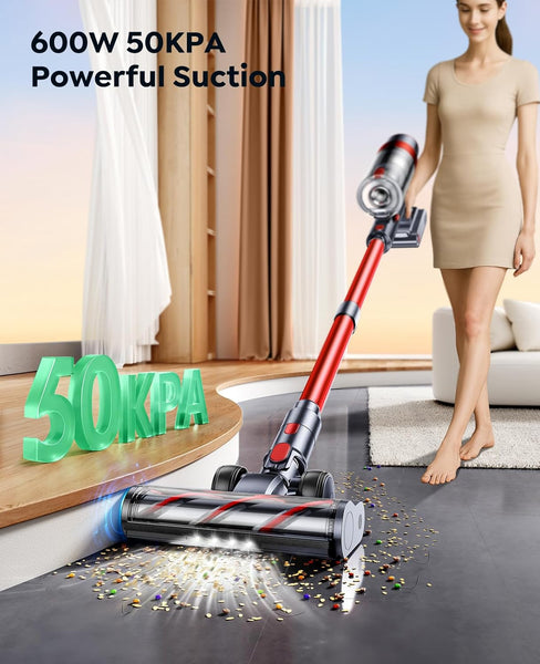 SunSare Cordless Vacuum Cleaner, 50KPa/600W, 65 Mins with Touchscreen, AUTO Mode, 1M Hose, Anti-Tangle, Self-standing, Wall-mounted Charging Vacuum Cleaner for Hardwood Floor Carpet Car Pet Hair