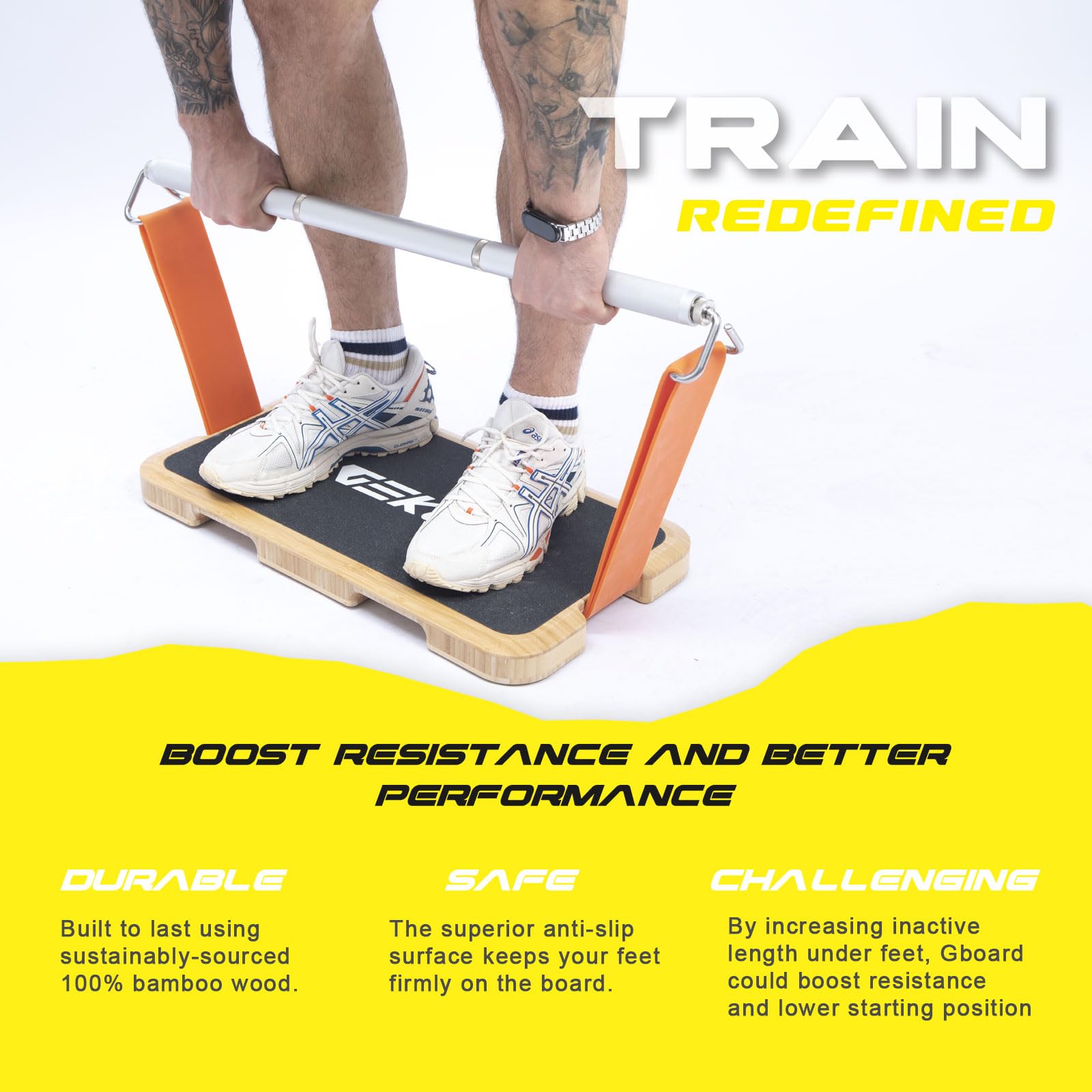 GEKU FIT Bamboo Fitness Board for Resistance Band Workouts - Eco-Friendly Exercise Platform with Non-Slip Surface for Strength Training, Stretching,