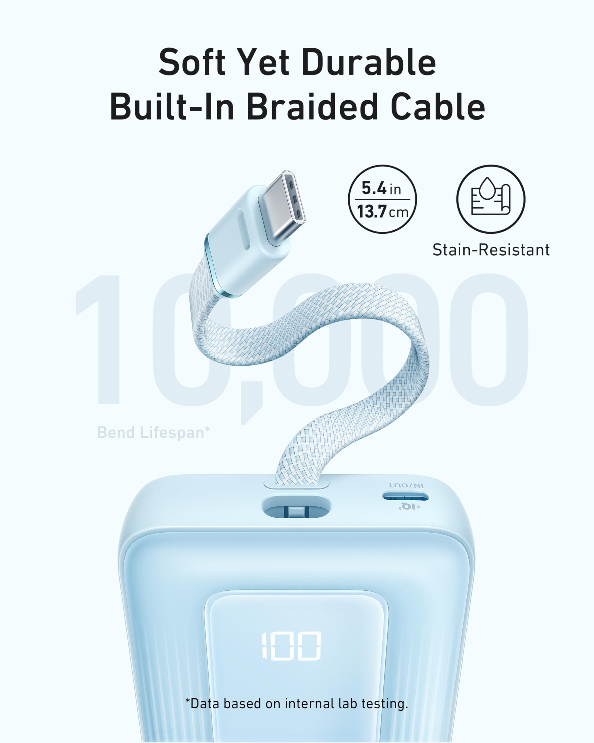 Anker Zolo Power Bank, 10,000mAh 30W High-Speed Portable Charger with Built-In USB-C Cable, Fast Charging Battery Pack for iPhone 16/16 Plus/16 Pro/16 Pro Max/15 Series, Galaxy, iPad, and More