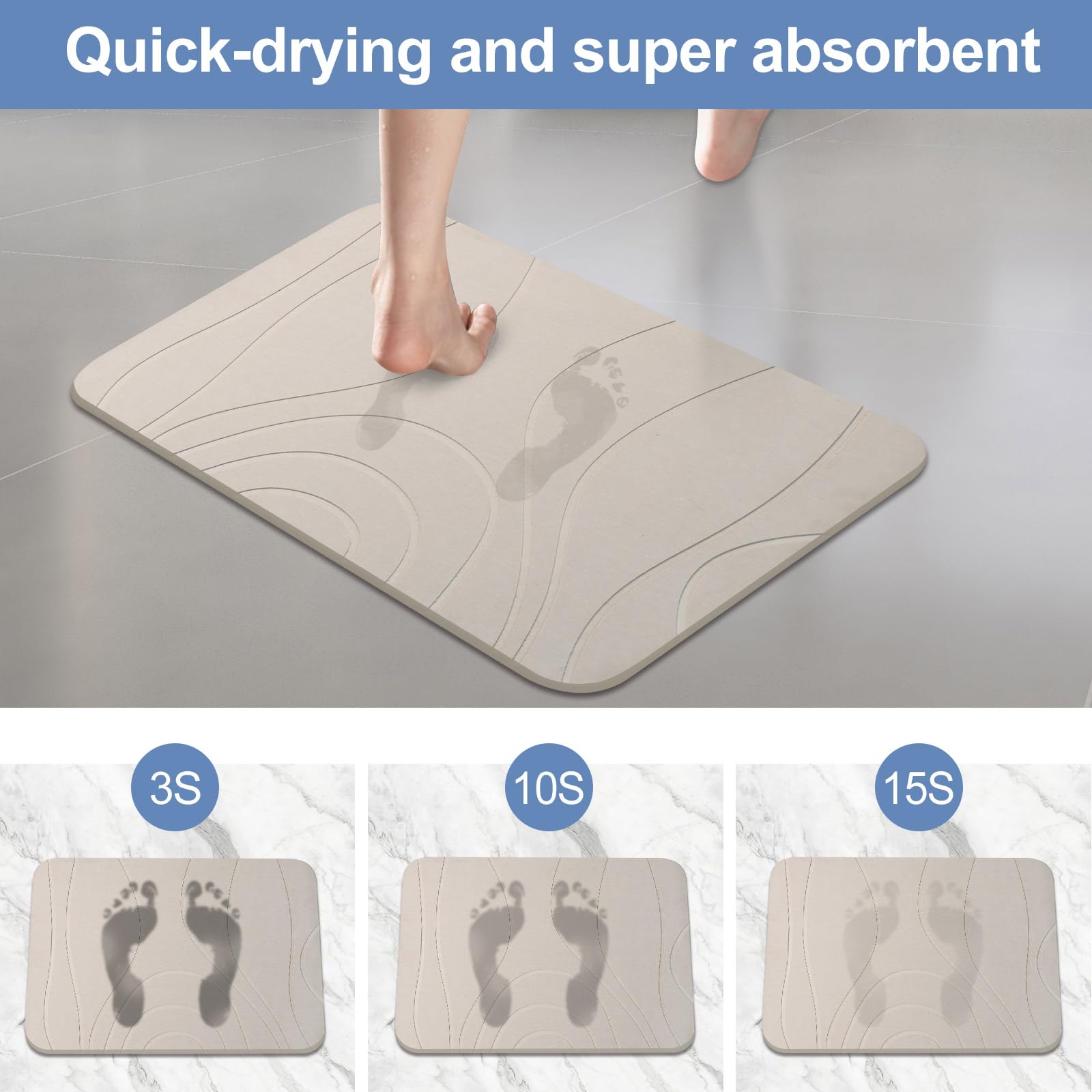 HUMIGA Stone Bath Mat, 2 Pack Diatomaceous Earth Shower Mat, Non-Slip Super Absorbent Quick Drying Bathroom Floor Mat, 24x15, Greyish White