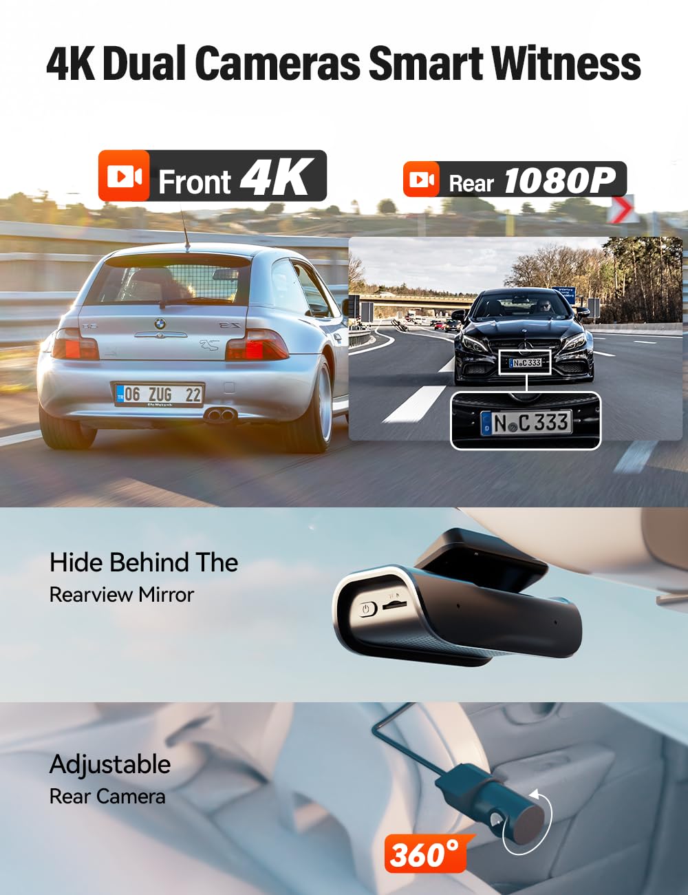 IIWEY EY02 4K Dash Cam Front and Rear Built-in 5GHz WiFi, Dual Dash Cam Front 4K Rear 1080P Car Camera, Free 64GB SD Card, Super Night Vision, App Control, Supercapacitor, Parking Mode, USB C Port