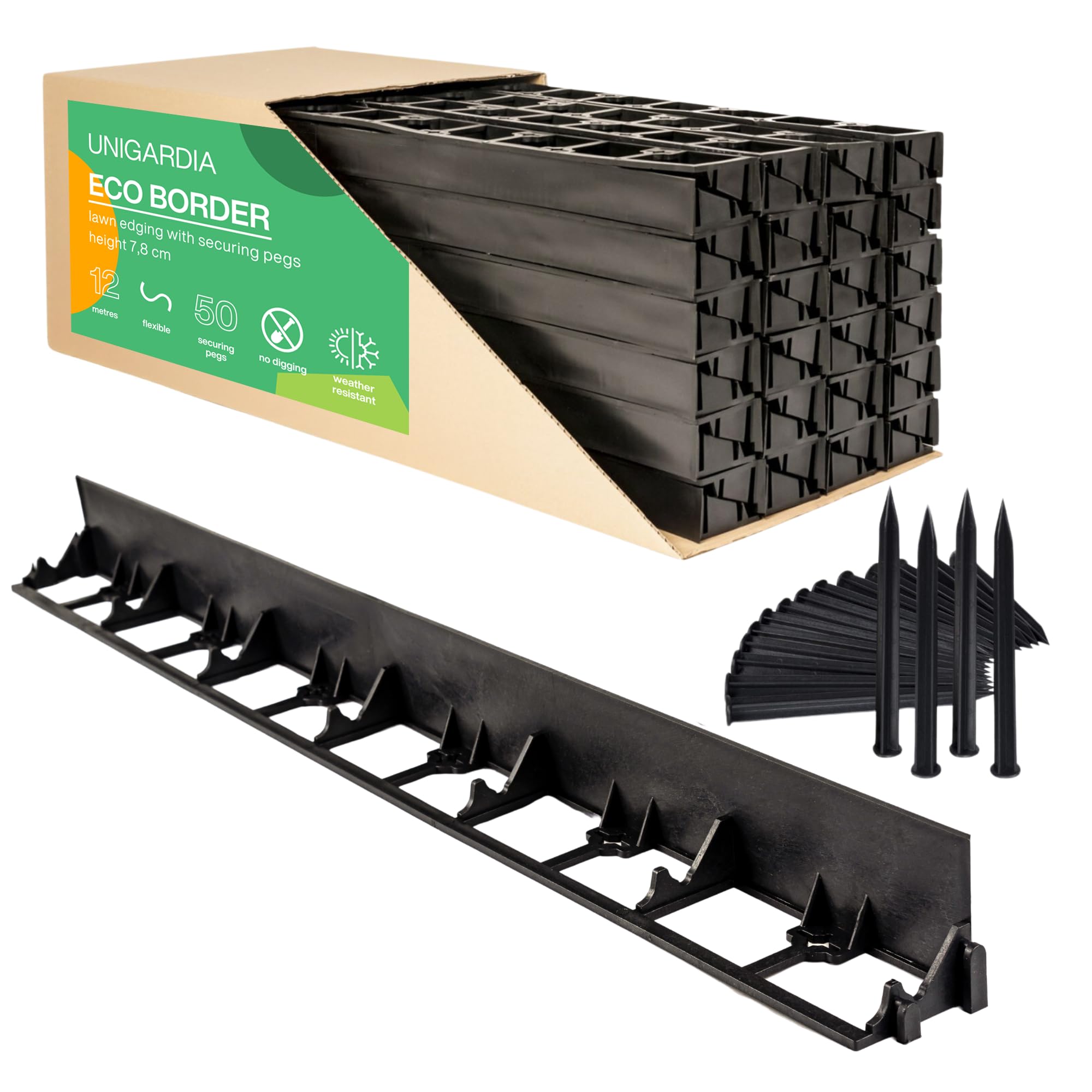 Flexible Lawn Edging 12 m - Invisible Plastic Garden Edge with 50 Securing Pegs - Easy to Use, Weather Resistant - Grass, Flowerbed & Path Border