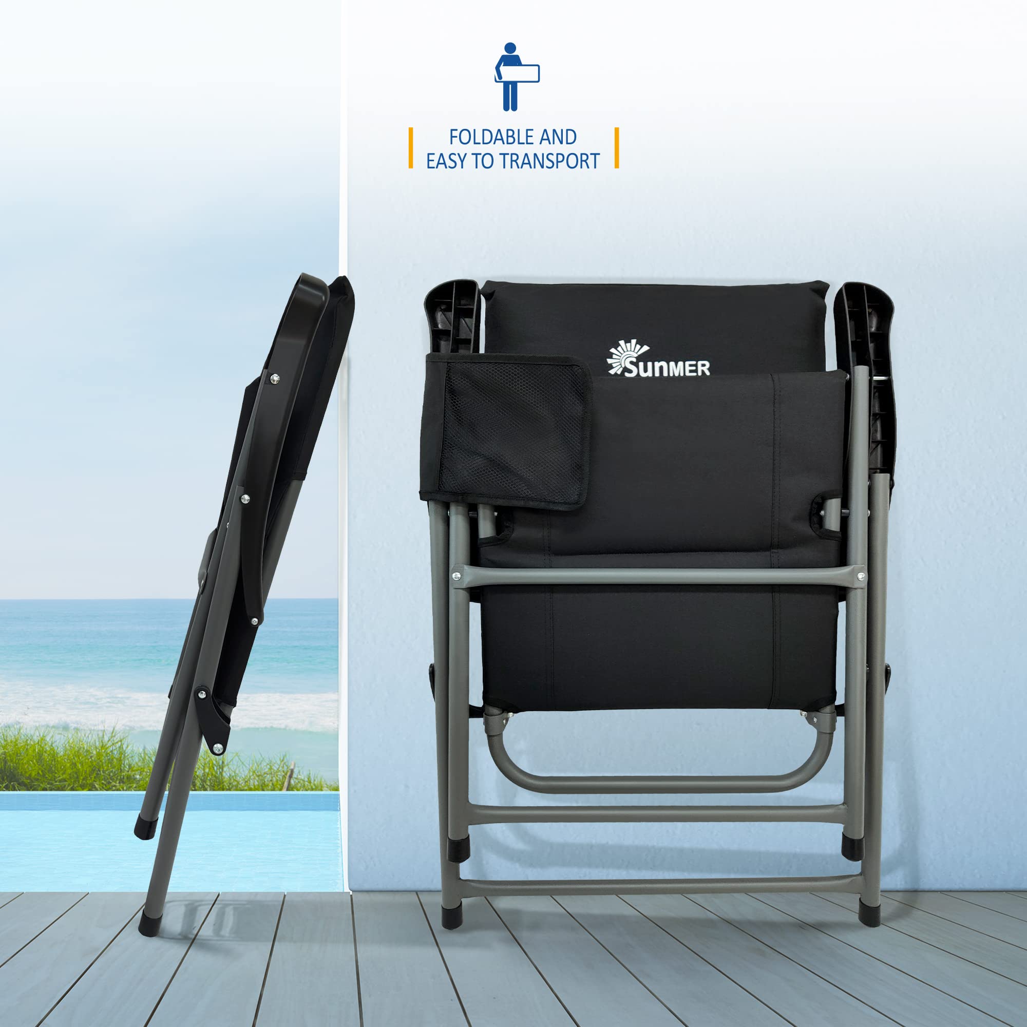 SUNMER Padded Garden Camping Chairs Foldable with Side Pocket, Holds up to 120kg, Lightweight 4kg per Chair, Outdoor Seat for Camping, Fishing, Relaxing - Black