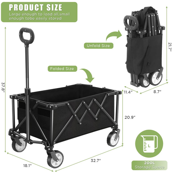 Foldable Cart on Wheels, Folding Wagon 220LBS/100kg Large Capacity All Terrain Wheels with Adjustable Handle & Cover Bag, Picnic Transporter for