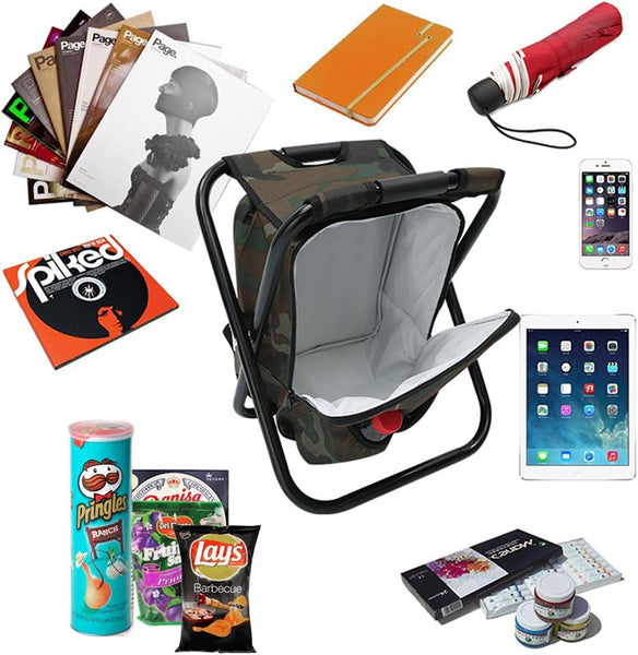 Zology Folding Camping Chair Stool Backpack with Cooler Insulated Picnic Bag, Camouflage Portable Hiking Seat Table Bag for Outdoor Indoor Fishing Travel Beach BBQ