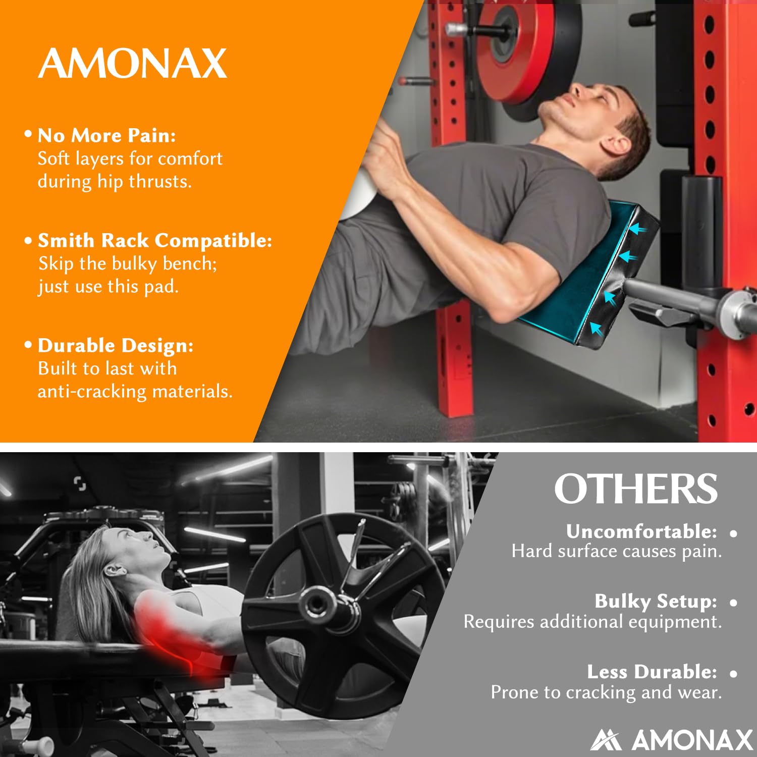 Amonax Hip Thrust Bench Back Pad, Extra Thick Foam Padding for Barbell Back Support, Home Gym Equipment Attachment for Hip Thrust, Protective Cushion