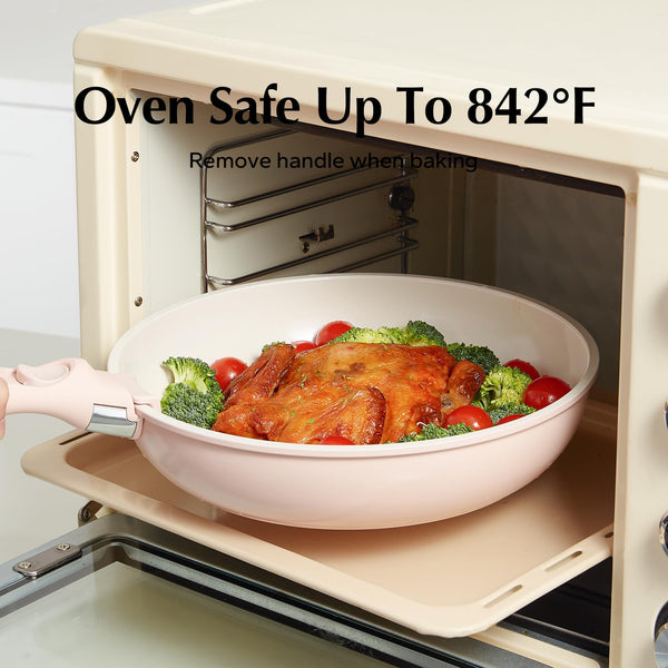 Redchef Ceramic Pots and Pans Set Non Stick, 16 pcs Nonstick Cookware Set with Detachable Handle, Non Toxic, PFAS PFOA & PTFE Free, RV Ceramic Cookware Set for Camping, Oven Safe (Pink)