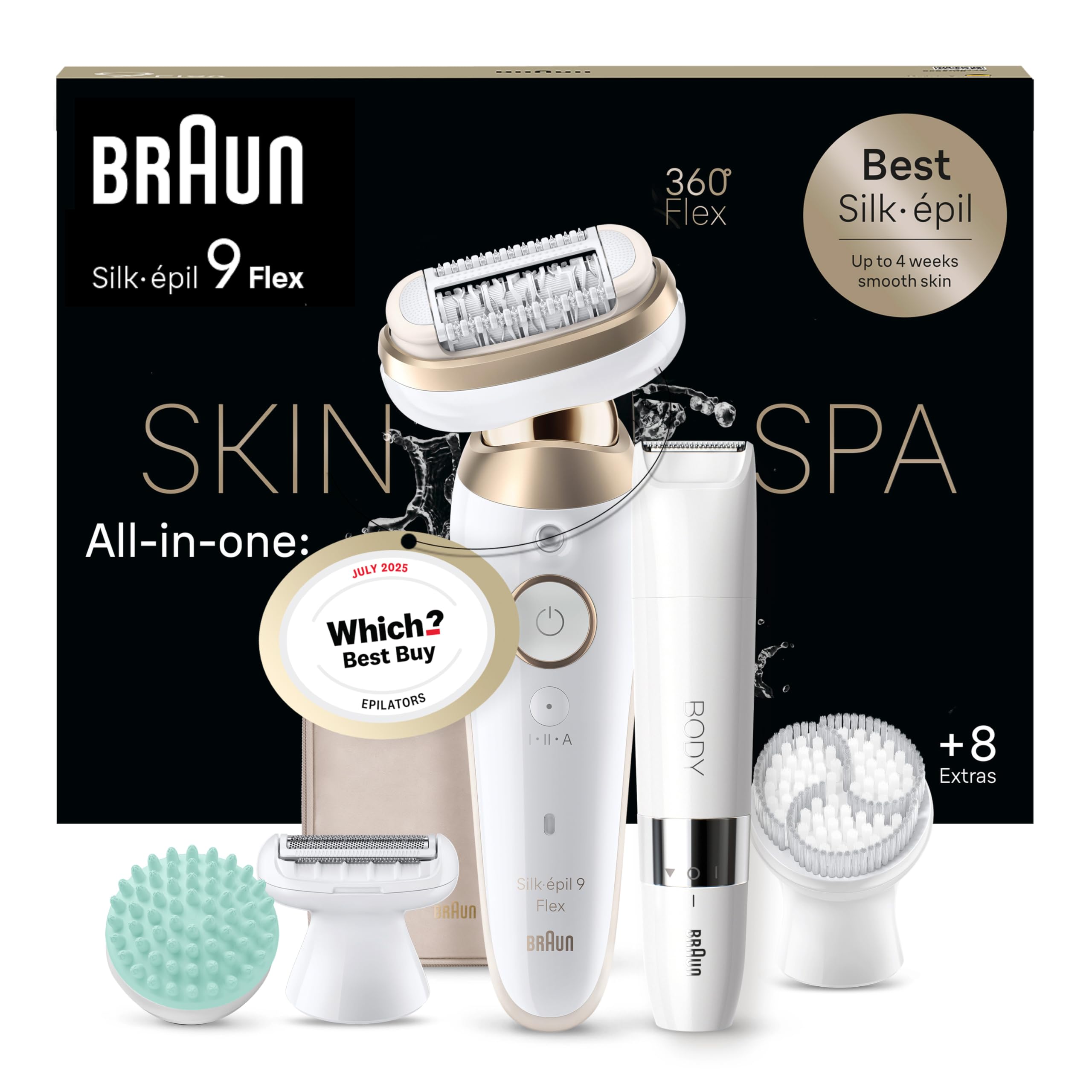 Braun Silk-épil 9 Flex SkinSpa, Epilator with 360° Flexible Head for Easy Hair Removal, Wet & Dry, Lasting Smooth Skin, All-in-One Kit, with Body Mini Shaver, SES9-481 3D, White/Gold