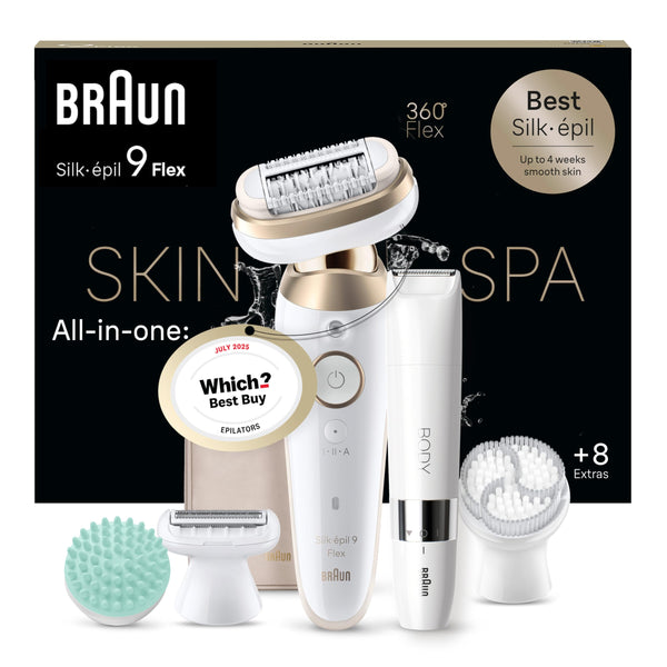 Braun Silk-épil 9 Flex SkinSpa, Epilator with 360° Flexible Head for Easy Hair Removal, Wet & Dry, Lasting Smooth Skin, All-in-One Kit, with Body Mini Shaver, SES9-481 3D, White/Gold