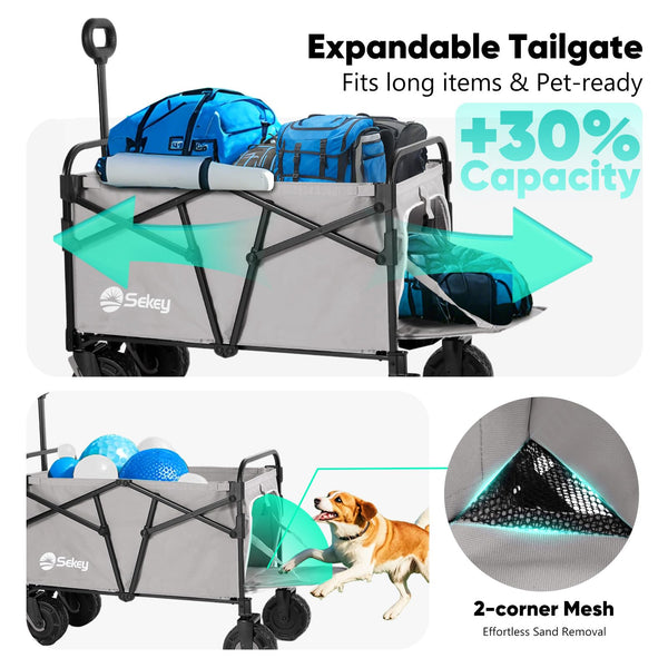 Sekey 332L Folding Festival Trolley with Expandable Tailgate, Patented Design Beach Cart - Diamond Collapsible, Wide All-Terrain Wheels, Brake, 350LB Load Capacity Heavy Duty Wagon for Camping, Black